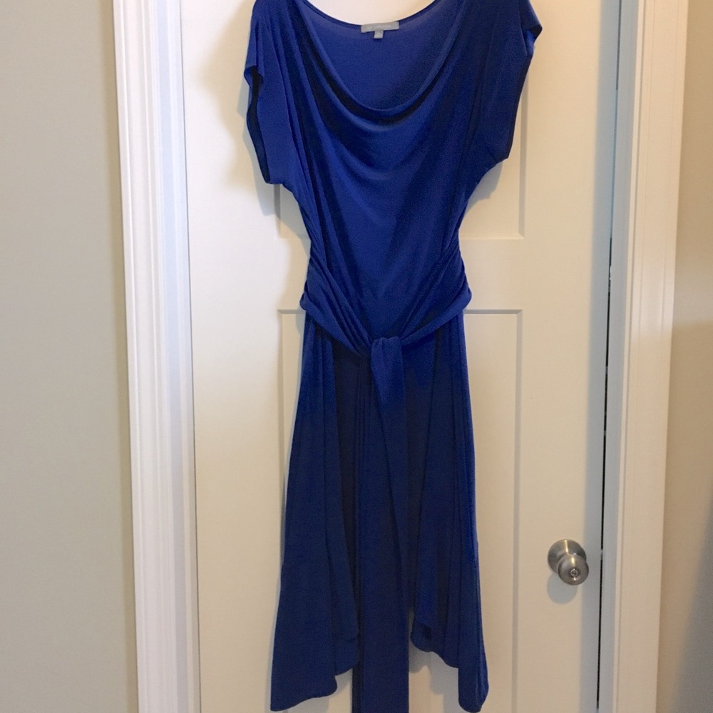 Blue jersey cowl neck dress with sash